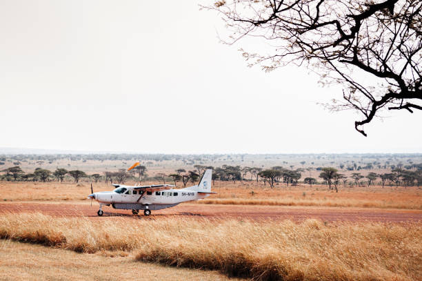 Small safari aircraft landing on the airstrips in Serengeti National Park